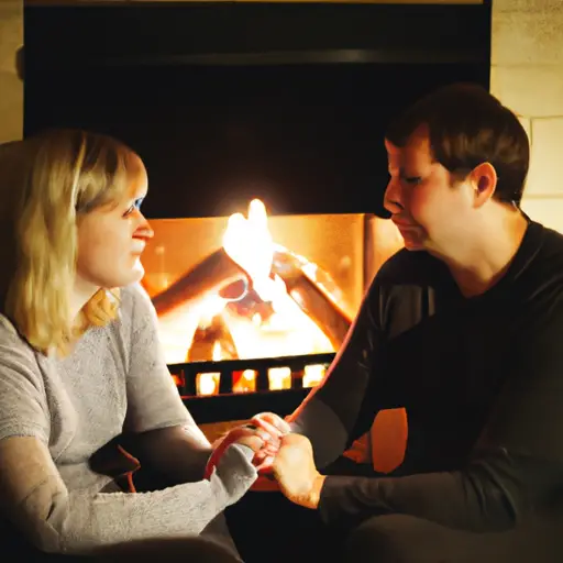 An image featuring a couple sitting face-to-face, their eyes locked in deep connection, their hands gently intertwined, surrounded by a warm, cozy living room with soft lighting and a crackling fireplace