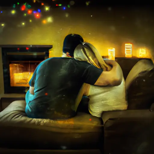 An image showcasing a cozy living room with a couple peacefully cuddling on a plush couch, surrounded by soft, warm lighting, symbolizing a harmonious and loving relationship