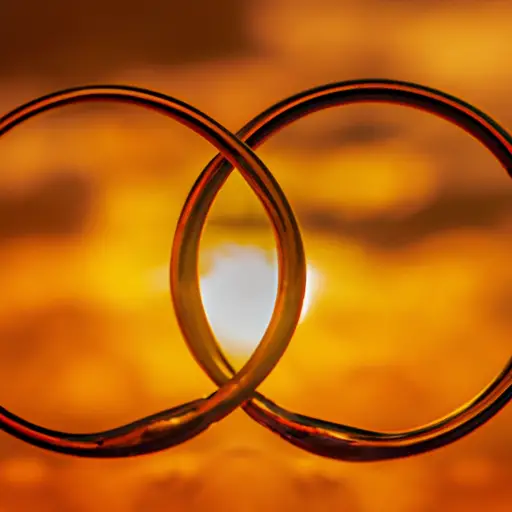 An image depicting two intertwined golden rings, glistening under a warm sunset, symbolizing the unbreakable connection and everlasting love that lies at the heart of a lasting marriage