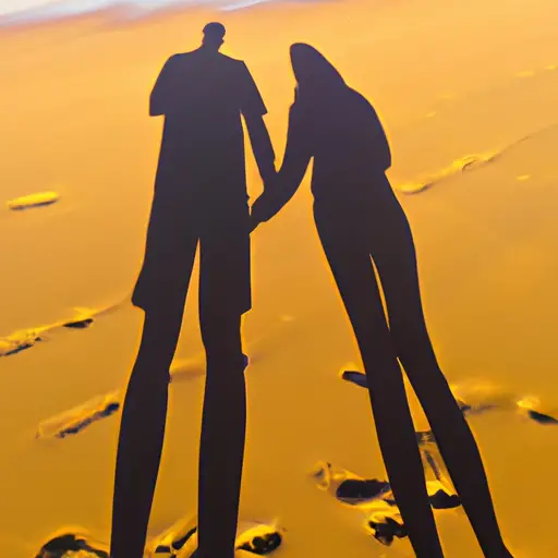 An image of a young couple holding hands on a serene beach at sunset, their silhouettes casting long shadows against the golden sand, symbolizing the enduring power of love and unwavering commitment
