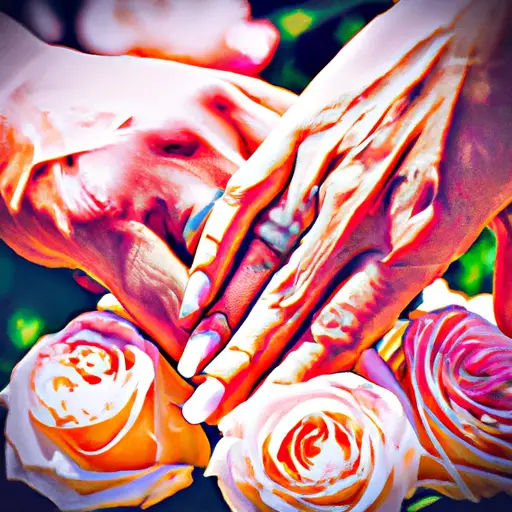 An image depicting two intertwined hands, with delicate wedding rings glistening in the sunlight