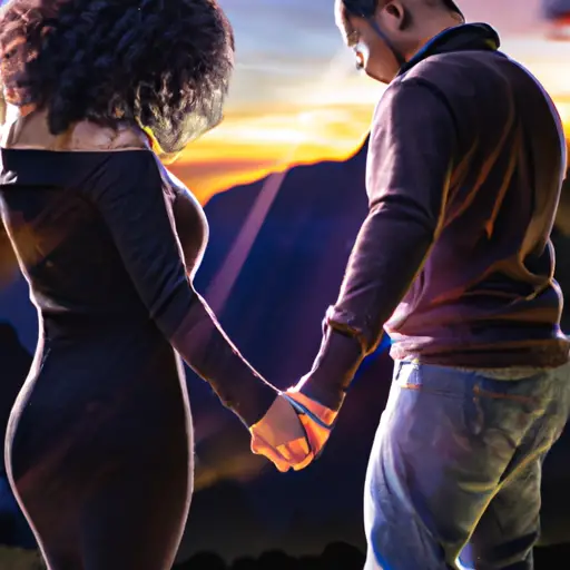 An image showcasing a couple standing atop a majestic mountain, holding hands, with a breathtaking sunset as their backdrop