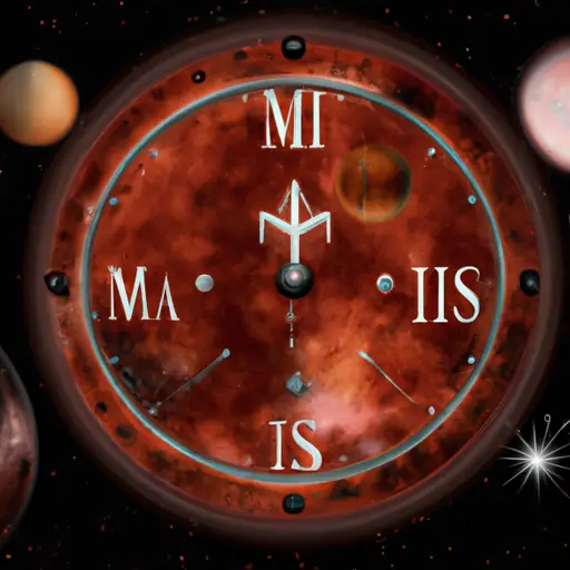 An image depicting a cosmic backdrop with a retrograde Mars at its center, surrounded by a celestial clock highlighting the significant dates for Mars retrograde, symbolizing the profound impact on each zodiac sign