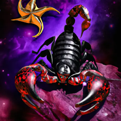 An image of a dark, mysterious Scorpio poised atop a venomous scorpion, its piercing gaze radiating intensity, while venomous stingers ominously surround it, symbolizing the power and scorn associated with this zodiac sign