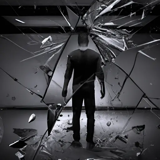 An image showcasing a broken mirror, shattered by a powerful force, reflecting a darkened room with a solitary figure standing amidst the chaos