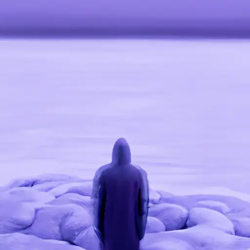 An image showing a deserted, icy landscape with a lone figure standing at the edge of a frozen lake