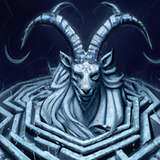 An image depicting a stoic Capricorn, donning an icy crown, surrounded by an intricate web of meticulously drawn blueprints and a labyrinthine path leading towards an ominous symbol of vengeance