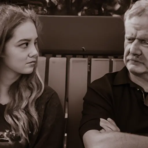 Graph capturing a man and his grown daughter sitting side by side on a park bench, engrossed in an intense conversation