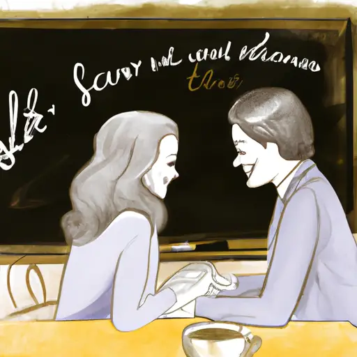 E depicting two teachers sitting at a cozy cafe table, their hands gently intertwined as they share a secret smile