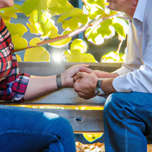 An image capturing a delightful scene of two teachers, hands intertwined, sitting on a park bench