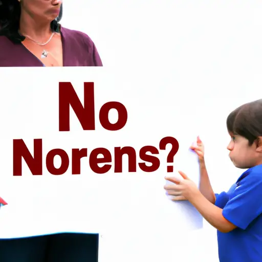 An image showcasing a parent firmly holding up a "No Means No" sign while their child looks on, illustrating the importance of setting clear boundaries and expectations to halt begging and whining