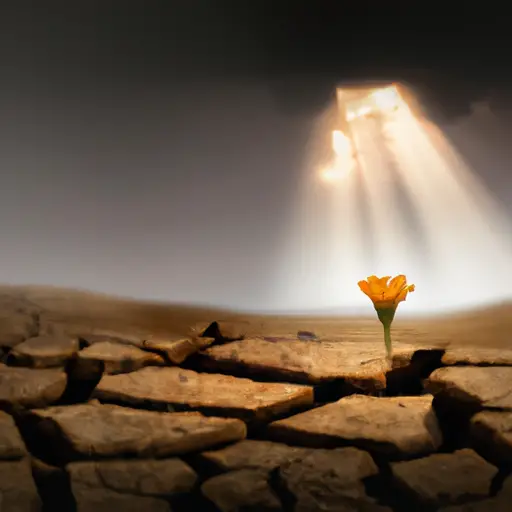An image capturing the essence of resilience and triumph, with rays of sunlight breaking through stormy clouds, casting a golden glow on a lone flower emerging from cracked, barren earth