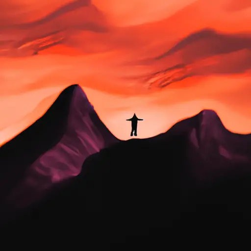 An image showcasing a vibrant sunrise over a rugged mountain range, casting a golden glow on a solitary figure standing triumphantly at the summit, symbolizing resilience and strength in the face of adversity