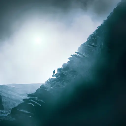 An image showcasing a solitary figure climbing a treacherous mountain, their determined face illuminated by a faint glimmer of hope amidst the dark clouds