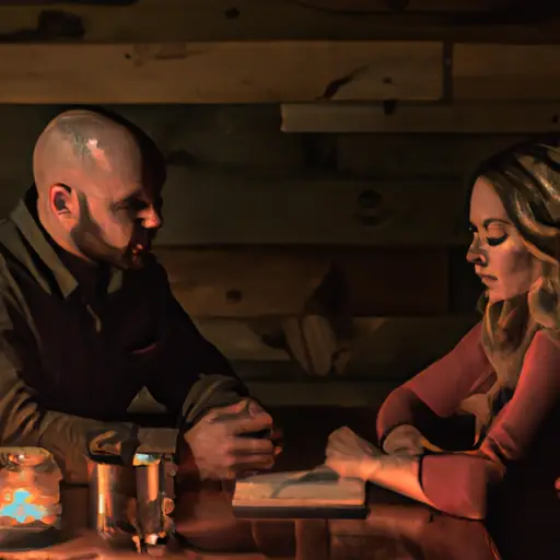 An image featuring a father and his daughter's fiancé, sitting across from each other at a rustic wooden table