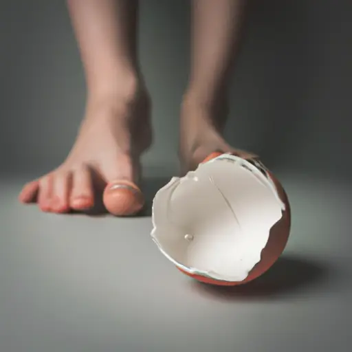 An image depicting a fragile, cracked eggshell beneath a person's feet, symbolizing the delicate atmosphere in a relationship