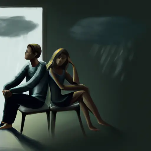 An image depicting a couple sitting on opposite sides of a dimly lit room, their expressions reflecting sadness and distance