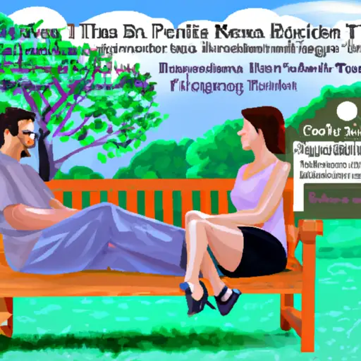 An image showcasing a couple sitting on a park bench, facing each other, engaged in deep conversation