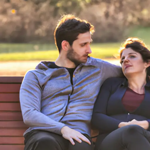 An image showcasing a couple sitting side by side on a park bench, their heads leaning towards each other, eyes locked with understanding