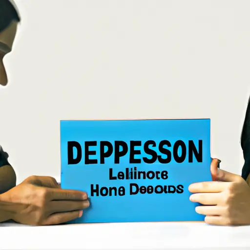 An image of a couple sitting side by side, one reaching out for a lifeline in the form of a professional therapist's hand, while the other holds a pamphlet titled "Depression Support Resources