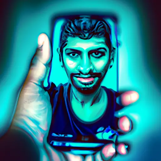 An image featuring a person taking a selfie with an exaggeratedly smooth and flawless face, enhanced by excessive filters and editing