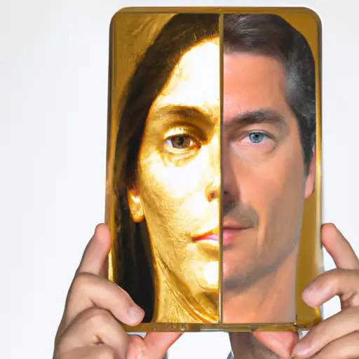 An image showcasing an individual holding an extravagant mirror-like smartphone, capturing their reflection in a luxurious, gold-plated frame