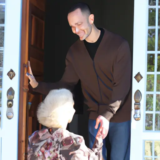 An image showcasing a man gently holding open a door for an elderly woman, his kind smile radiating warmth