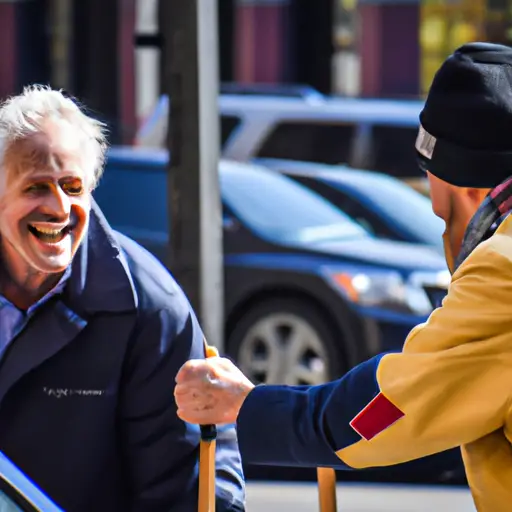 An image capturing a man helping an elderly person cross the street, wearing a warm smile