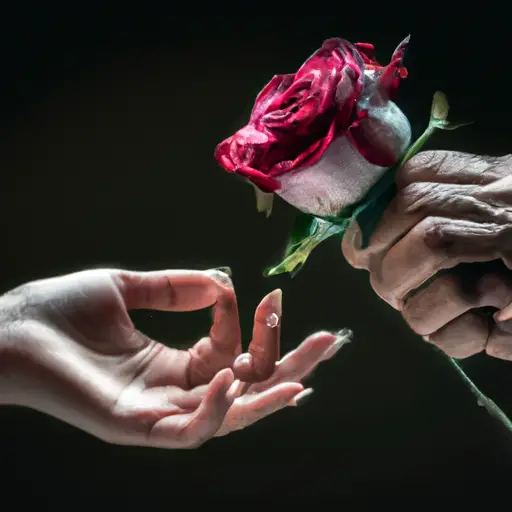 An image capturing the essence of a woman's hand outstretched, holding a wilted rose, while a man's hand greedily grabs a wad of cash from her palm, symbolizing her generosity being exploited in a loveless relationship