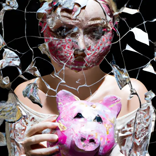 An image featuring a woman's reflection in a shattered piggy bank, symbolizing her broken trust