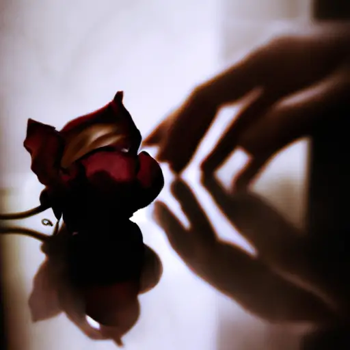 An image of a woman's hand delicately holding a wilted rose, with a faint reflection of a man's silhouette on the rose's petals