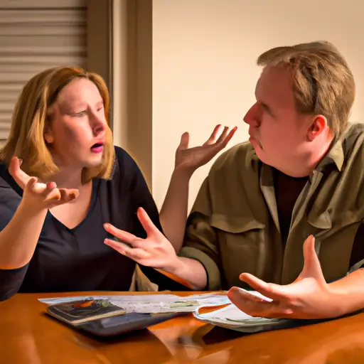 An image showcasing a couple sitting at a cluttered dining table, engaged in a heated argument over bills and bank statements