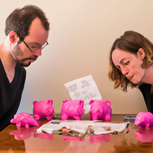 An image depicting a couple sitting at a table, one partner hiding bills in a drawer, the other looking concernedly at a pile of unpaid bills with a shattered piggy bank nearby