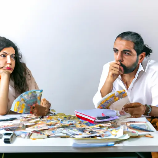 An image that depicts a couple sitting at a table, one partner burdened with stacks of bills and financial documents, while the other enjoys a lavish lifestyle, highlighting the inequalities in financial responsibilities