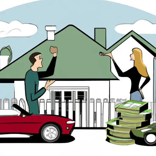 An image showcasing a couple surrounded by piles of money, arguing over a luxury car on one side and a modest house on the other, symbolizing conflicting financial goals and priorities