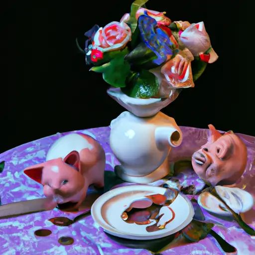 Create an image that showcases a couple sitting at a lavish dining table, plates empty, surrounded by piles of unpaid bills, neglected flowers, and a broken piggy bank, symbolizing the detrimental effects of money on their relationship