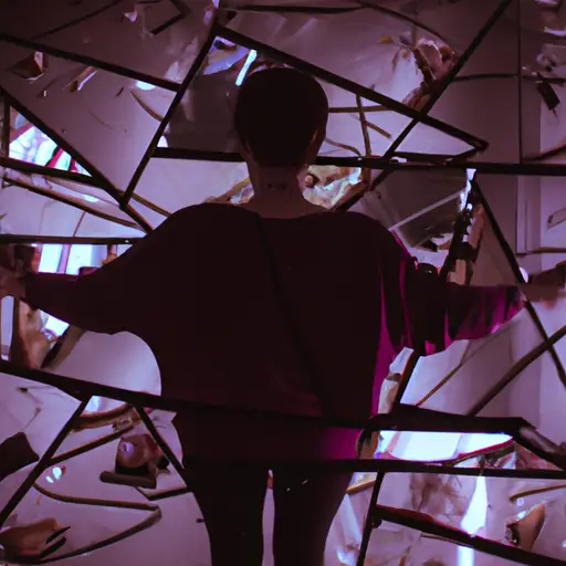 An image depicting a person standing in a dimly lit room, surrounded by shattered mirrors reflecting distorted versions of themselves