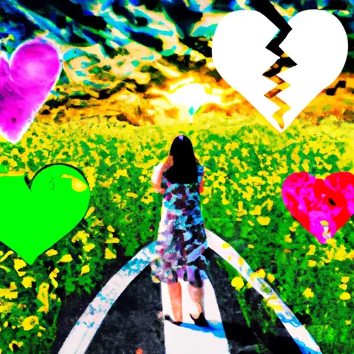  Create an image depicting a person standing at a crossroads, one path leading to toxic love marked by shattered hearts, and the other path leading to healthier love symbolized by blooming flowers and a radiant sun