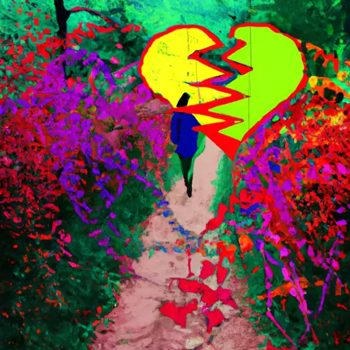 An image depicting a broken heart wrapped in thorny vines, fading in color, while a person walks away towards a vibrant path of self-discovery, symbolizing the journey of breaking free from toxic patterns of love