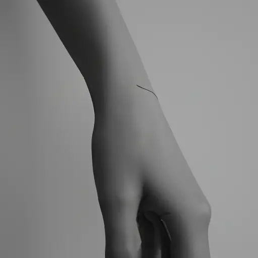 An image showcasing a delicate, black ink minimalist symbol tattoo on a woman's wrist, displaying a single, gracefully curved line that effortlessly captures the essence of simplicity and elegance