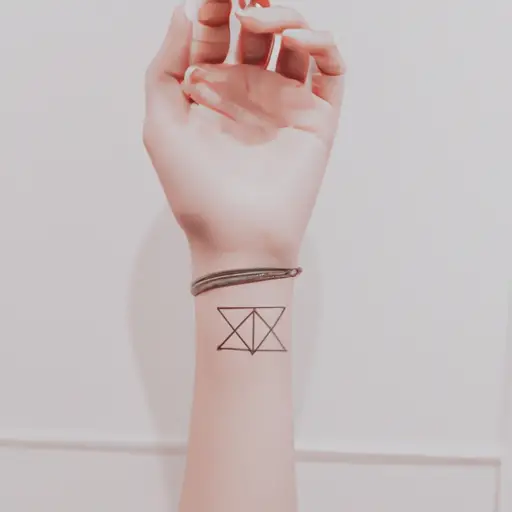 An image showcasing a woman's wrist adorned with a delicate, minimalist tattoo featuring intersecting lines forming a flawless geometric pattern