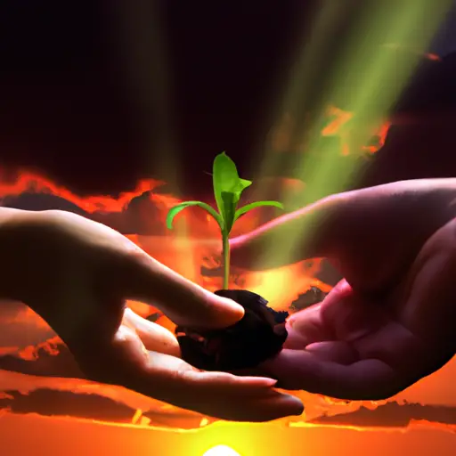 An image featuring a pair of hands cupping a vibrant, glowing seedling, set against a backdrop of a serene sunset