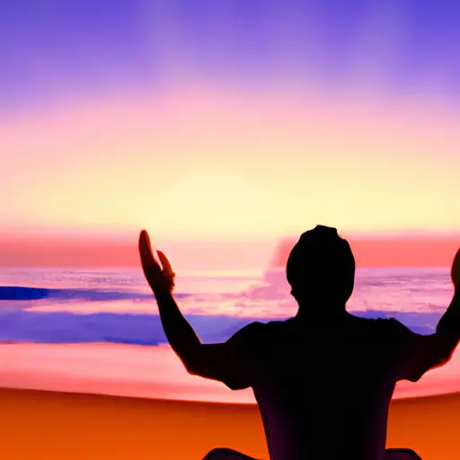 An image featuring a serene sunset beach, with a person sitting cross-legged, eyes closed, hands raised towards the sky in a gesture of surrender, surrounded by a glowing aura of gratitude and peace