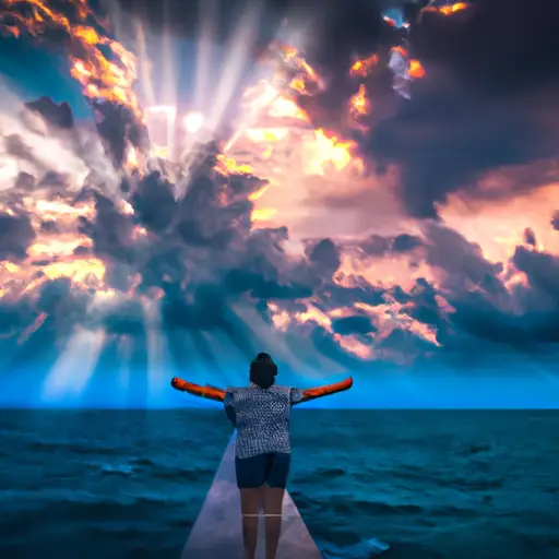 An image of a person standing at the edge of a serene ocean, arms outstretched towards the sky, as vibrant rays of sunlight pierce through the clouds, illuminating their hopeful face