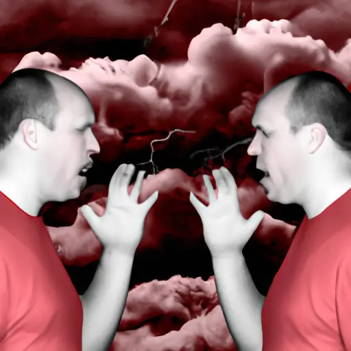 An image depicting two individuals engaged in a heated argument, their faces red with anger, fists clenched, and a stormy background symbolizing the explosive outbursts that occur in relationships influenced by confrontational fighting styles