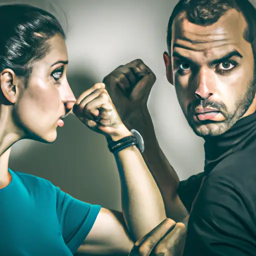 An image portraying a confrontational fighter: a couple standing face-to-face, fists clenched, displaying aggressive body language