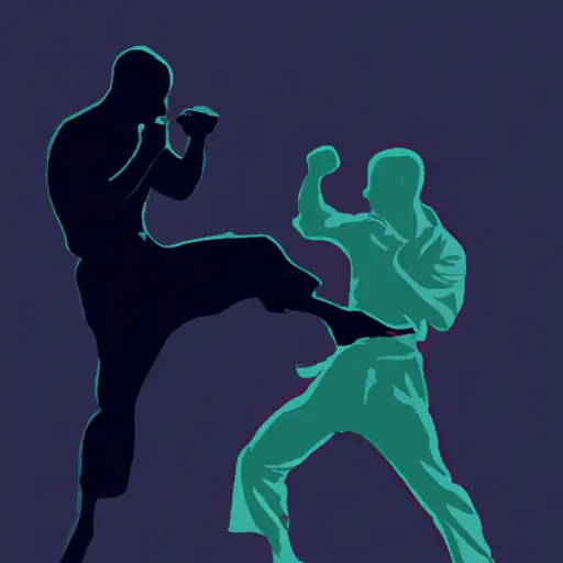 An image capturing two silhouettes engaged in combat, one displaying a graceful and fluid martial arts technique, while the other showcases a powerful and aggressive fighting style
