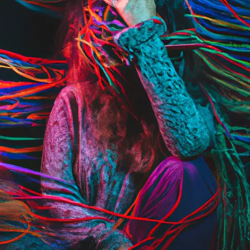 An image showcasing a person sitting alone in a dimly lit room, their face partially hidden, while colorful, tangled threads symbolize their impaired emotional regulation and coping mechanisms, subtly weaving through their body