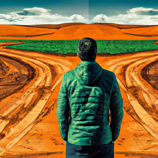 An image capturing a person standing at a forked road, one path leading to a bright, flourishing landscape and the other to a barren wasteland