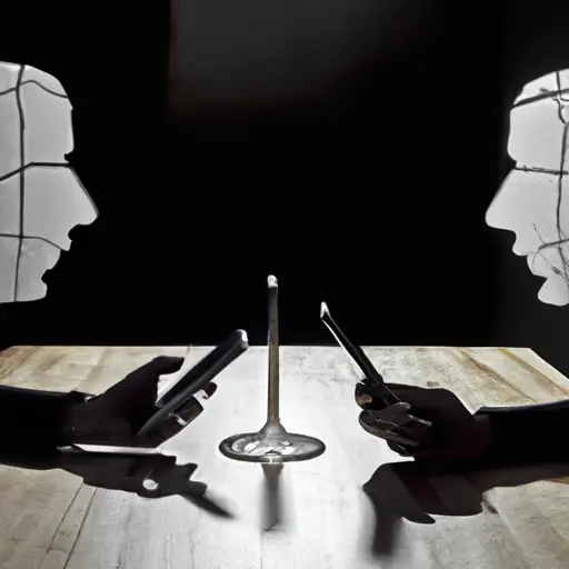 An image depicting a couple seated on opposite ends of a long, darkened table, their faces obscured by shadows